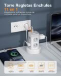 TESSAN Regleta Enchufes con USB C, Regleta Vertical 11 en 1 con Interruptor, Enchufe de Extensión de Torre con Cable de Extensión Retráctil 2M, 2500W para el Hogar, Cocina