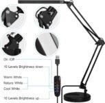 Lámpara de escritorio SKYLEO – Escritorio LED flexible potente con clip y base – Lámpara de escritorio LED con protección para los ojos – 3 modos de luz x 10 niveles de brillo – Negro