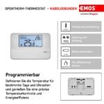 Termostato de ambiente digital compatible con Emos OpenTherm, programable, con cable, montaje en superficie, blanco, 5″ x 3.3″ x 1″
