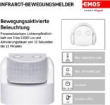 EMOS G1240 Detector de movimiento por infrarrojos IP44, 12 m, 180°, 3-2000 Lux, 10 s–15 min, 230 V, Montaje en superficie interior/exterior, Blanco