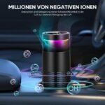 Purificador de aire para coche con filtro HEPA y carbón activado, ionizador de 500 W antiolor y humo con luz RGB para portavasos universal (6,5 cm) negro