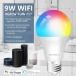 ANTELA Bombilla LED Inteligente E27 Wifi 9W Compatible con Google Home/Alexa, Bombilla RGB (2700K-6500K) Luces Colores Regulables, Control Remoto, Control por Voz, Ahorro de Energía, Pack 2