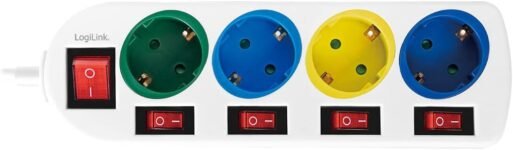 LogiLink LPS257 – Regleta de 4 Tomas (CEE 7/3), con 5 Interruptores Encendido/Apagado, con Persiana de Seguridad Integrada (Mayor Protección al Tacto), Color: Multicolor y Blanco