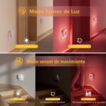 Luz nocturna enchufable de 2 piezas con sensor de movimiento, 3 modos de sensor, luz nocturna regulable para niños, escalera, dormitorio, cocina, baño, rojo