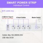 ANTELA Regleta Inteligente WiFi 3680W/16A, 4 Tomas + 2 USB A+2 USB C (Carga Rápida), Monitorización de Consumo, Horarios y Temporizadores, Compatible con Alexa y Google Home, Wifi 2.4 Ghz