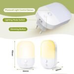 (2 Piezas) Luz Nocturna con Sensor Crepuscular, 5 Niveles de Brillo Ajustables, Modos ON/OFF/AUTO, Luz Nocturna Infantil Blanca Cálida 3000K para Dormitorios, Salones, Pasillos, Cocinas, 0,3W