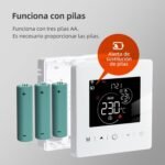 Termostato WiFi 2 hilos a pilas para calderas de gas. Termostatos programables controlados diariamente por Tuya o Smart Life. Termostato compatible con Google Assistant y Alxea.