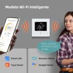 Termostato WiFi 2 hilos a pilas para calderas de gas. Termostatos programables controlados diariamente por Tuya o Smart Life. Termostato compatible con Google Assistant y Alxea.