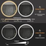 furduzz Espejo de baño LED redondo de 600 mm, espejo de tocador de baño montado en la pared, antivaho, luz regulable, 3 colores, función de memoria inteligente