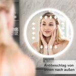 furduzz Espejo de baño LED redondo de 600 mm, espejo de tocador de baño montado en la pared, antivaho, luz regulable, 3 colores, función de memoria inteligente