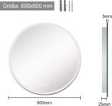 furduzz Espejo de baño LED redondo de 600 mm, espejo de tocador de baño montado en la pared, antivaho, luz regulable, 3 colores, función de memoria inteligente