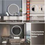 furduzz Espejo de baño LED redondo de 600 mm, espejo de tocador de baño montado en la pared, antivaho, luz regulable, 3 colores, función de memoria inteligente