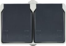 Electraline 605908 Toma de Pared Doble Horizontal, 2 Tomas Schuko 16A 2P+T, Apto para Exteriores y Ambientes Húmedos, Protección IP44, Aquatop, Gris/Antracita