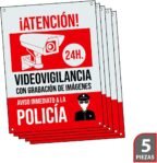 Póster de Videovigilancia – Placa de Alarma Conectada – Pósteres Área de Videovigilancia – Aviso a la Policía 20 x 15 cm Rojo Interior/Exterior (5 Piezas Póster de Videovigilancia)