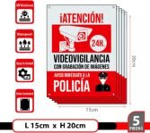 Póster de Videovigilancia – Placa de Alarma Conectada – Pósteres Área de Videovigilancia – Aviso a la Policía 20 x 15 cm Rojo Interior/Exterior (5 Piezas Póster de Videovigilancia)