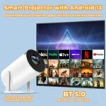 Proyector Portátil Soporte 4K/1080, Android 13 con WiFi 6 y Bluetooth 5.0, Pantalla Gigante Rotación 180°, Altavoces HiFi, Silencioso y Compacto para Cine en Casa y Exteriores