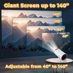 Proyector Portátil Soporte 4K/1080, Android 13 con WiFi 6 y Bluetooth 5.0, Pantalla Gigante Rotación 180°, Altavoces HiFi, Silencioso y Compacto para Cine en Casa y Exteriores