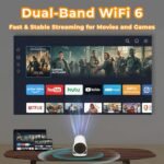 Proyector Portátil Soporte 4K/1080, Android 13 con WiFi 6 y Bluetooth 5.0, Pantalla Gigante Rotación 180°, Altavoces HiFi, Silencioso y Compacto para Cine en Casa y Exteriores