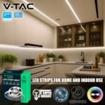 V-TAC Tira LED 5 Metros 8W SMD 3528 – Blanco Neutro 4000K – Interior con Cinta Adhesiva y Flexible para Habitación – Alimentación 12V