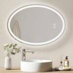 EMKE Espejo de baño con luz 50 x 70 cm, ovalado con 3 colores de luz, ajustable, antivaho, función de memoria, táctil IP44, espejo de baño con iluminación horizontal/vertical