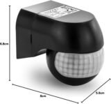 deleyCON 1 x Detector de Movimiento por Infrarrojos para Interior y Exterior – Alcance hasta 12 m a 180° Giratorio Inclinable IP44 A Prueba de Salpicaduras – Negro
