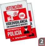 Póster de Videovigilancia – Placa de Alarma Conectada – Pósteres Área de Videovigilancia – Aviso a la Policía 20 x 15 cm Rojo Interior/Exterior (2 Piezas Póster de Videovigilancia)