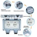 Enchufe de Exterior Estanco IP66 con Doble Interruptor de Conexión, Conector de Cable y Tapa Abatible, para Cocina, Baño, Garaje, Piscina y Jardín (MPG2-GSN, 1 Pieza)