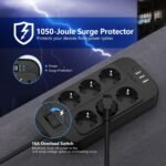 JSVER Tira de Enchufes USB, Protección contra Sobretensión con 6 Tomacorrientes y 4 Puertos USB (5V3.4A) Estación de Carga Inteligente, Cable de Extensión de 2 m – Negro