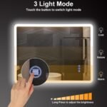 Espejo de baño con luz 80 x 60 cm, interruptor táctil, función antivaho, 3 temperaturas de luz ajustables, IP65, vidrio templado HD, antiexplosión, anillo luminoso simple