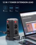 Regleta Torre con Cable 3M, Regleta USB 8 Tomas AC y 4 USB, 2500W/10A, Regleta Vertical con Interruptor para Mesa, Oficina, Casa…