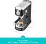 CASABREWS Cafetera Espresso y Capuchino, Café Espresso Manual 20 Barras con Manómetro, Cafetera Barista Café Molido, Depósito Extraíble 1L, Portafiltro con Doble Salida y 2