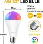 ANTELA Bombilla Inteligente WiFi Led A65 E27 12W 1320 Lúmenes Compatible con Alexa Echo y Google Home, Bombilla RGB WLAN 2,4GHz Blanco Cálido/Frío 2700-6500K, 20000 Horas, 2uds
