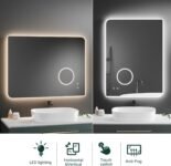 Meerveil Espejo de Baño con Luz, Espejo de Pared LED con 3 Aumentos Antivaho Control Táctil Inductivo Brillo Regulable, Elegante, 80 x 60 cm