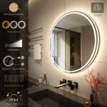 KWW Espejo de baño LED de 700 mm, Espejo de Maquillaje Redondo fácil de Instalar, Temperatura de Color Ajustable, luz antiniebla, Espejo montado en la Pared con botón táctil Inteligente