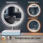 KWW Espejo de baño LED de 700 mm, Espejo de Maquillaje Redondo fácil de Instalar, Temperatura de Color Ajustable, luz antiniebla, Espejo montado en la Pared con botón táctil Inteligente