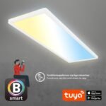 BRILONER – Smart Home LED Lámpara de Techo Plana, Control por Voz App, Regulable, CCT, Lámpara LED, Lámpara de Techo LED, Lámpara de Salón, Panel LED, Cocina, Dormitorio, 58 x 20 x 3 cm, Blanco