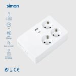 SIMON – Base Multifix, Enchufe Múltiple, 3 tomas Shuko 16A y 2 USB A+C, Carga Rápida, Regleta con Tierra, Empotrable, Pared o Superficie, 250V, 3680W, Blanco