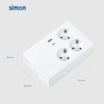 SIMON – Base Multifix, Enchufe Múltiple, 3 tomas Shuko 16A y 2 USB A+C, Carga Rápida, Regleta con Tierra, Empotrable, Pared o Superficie, 250V, 3680W, Blanco