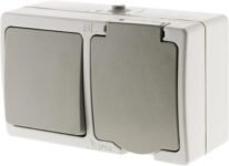 Zenitech – Mixto Morhorizontal: Toma V y V+ 2P+T 16A Gris Claro IP54 – Akya