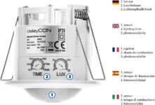 deleyCON 1 x Detector de movimiento por infrarrojos Montaje empotrado en techo Control de luz interno Área de trabajo de 360° Alcance de 6 m Sensor de luz integrado Blanco