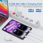 POWSAF Regleta de 4 tomas con 4 puertos USB, máx. 4000 W y 16 A, con toma USB-C, soporte de pared, interruptor, para teléfonos inteligentes, portátiles, blanco.