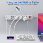 POWSAF Regleta de 4 tomas con 4 puertos USB, máx. 4000 W y 16 A, con toma USB-C, soporte de pared, interruptor, para teléfonos inteligentes, portátiles, blanco.