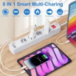 POWSAF Regleta de 4 tomas con 4 puertos USB, máx. 4000 W y 16 A, con toma USB-C, soporte de pared, interruptor, para teléfonos inteligentes, portátiles, blanco.