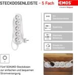 Emos P0525R Cable alargador de 5 tomas, 5 m, 3 x 1,5 mm2, blanco, bloqueo de seguridad para niños