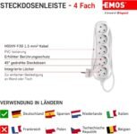 Emos P0525R Cable alargador de 5 tomas, 5 m, 3 x 1,5 mm2, blanco, bloqueo de seguridad para niños