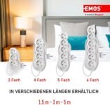 Emos P0525R Cable alargador de 5 tomas, 5 m, 3 x 1,5 mm2, blanco, bloqueo de seguridad para niños