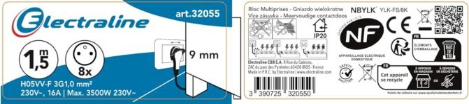 Electraline 32055 – Regleta con 8 tomas de tierra e interruptor, cable de 1,5 m, negro
