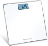 Rowenta Classic BS1501 Báscula de Baño con Pantalla LCD, Compacta, Capacidad 160 kg, Plataforma de Cristal y Apagado Automático Pilas Incluidas, Blanco