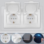 Kit de enchufe empotrable de 2 vías, 16 A, 250 V, enchufe doble con tapa con bisagras, blanco, para exteriores, impermeable, con contacto a tierra y tapa abatible para baño, cocina, garaje