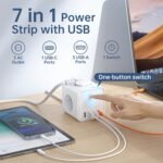 Tomas Regleta, Tomas 7 en 1 con USB de Pared 3 Tomas, con Cable Interruptor Regleta de 2 m con USB, Ideal para Sala de Estar Oficina Dormitorio